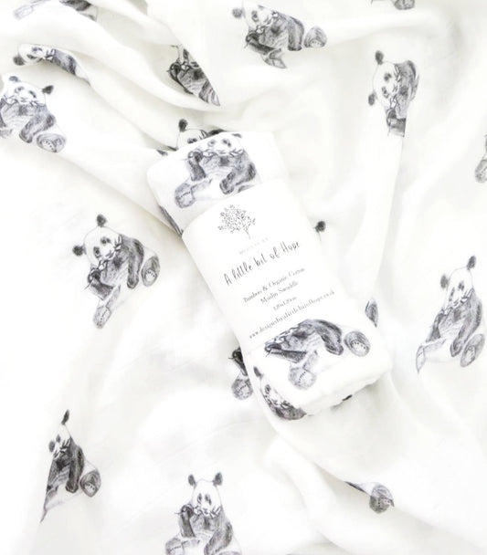 Bamboo & Cotton Muslin Swaddle - Panda    FREE UK Delivery