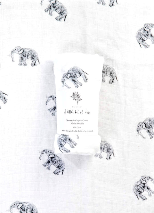 Bamboo & Cotton Muslin Swaddle - Elephant   FREE UK Delivery