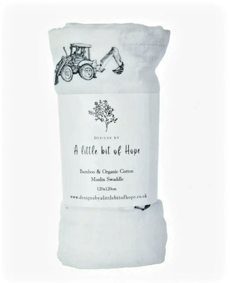 Bamboo & Cotton Muslin Swaddle - Tractor & Digger   FREE UK Delivery