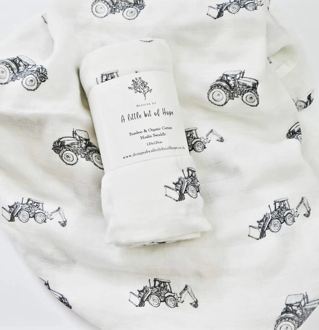 Bamboo & Cotton Muslin Swaddle - Tractor & Digger   FREE UK Delivery